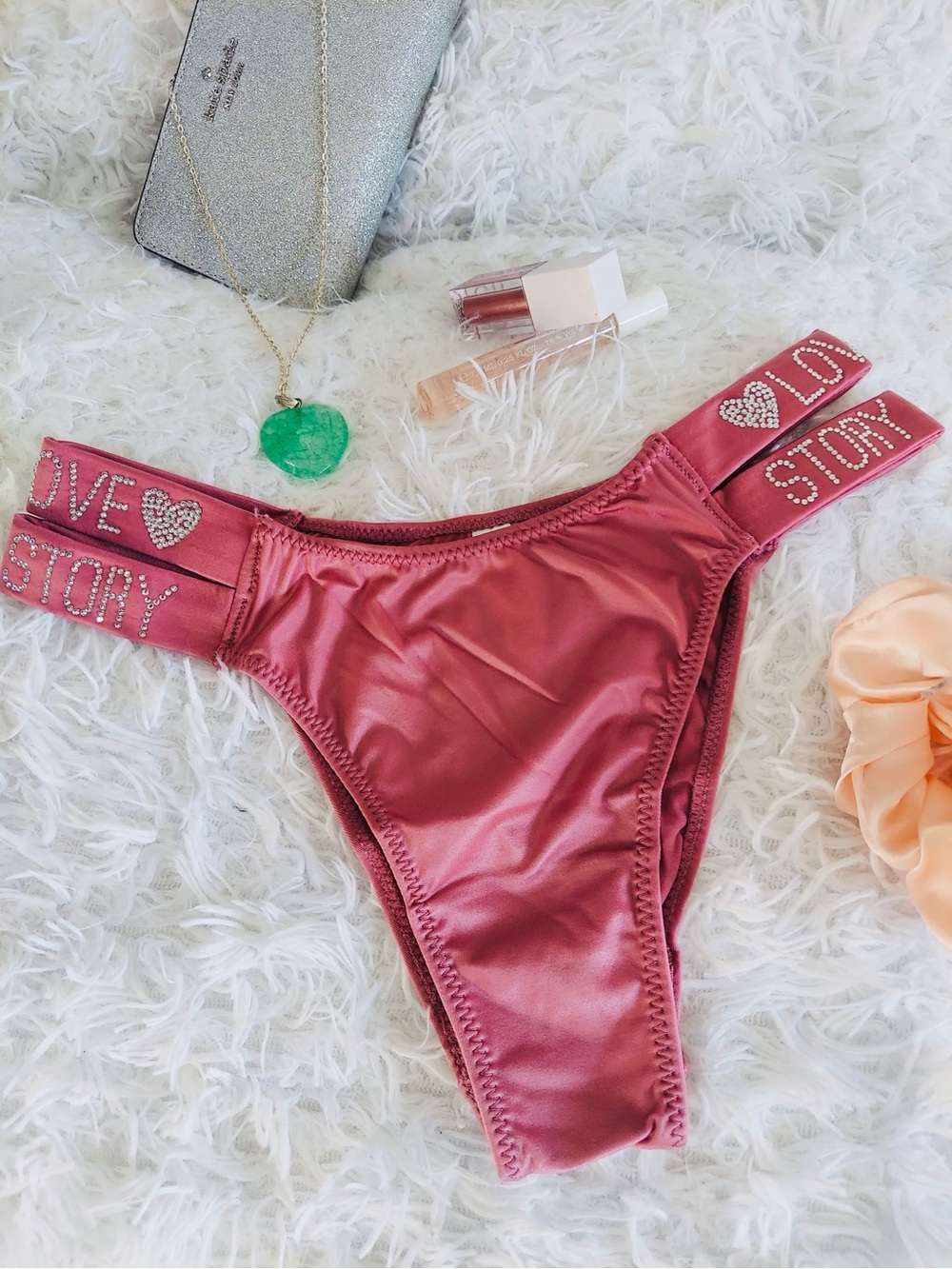 Satin Mauve Bikini Bottoms with Rhinestone Heart Detail
